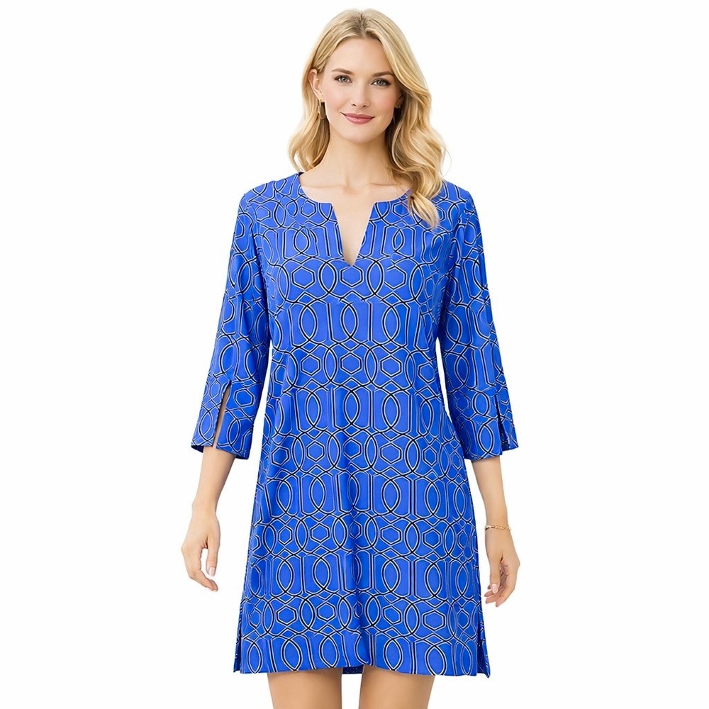 Jude Connally Megan Tunic Dress Blue Geometric Garden Gate 3/4 Sleeve Size Small
